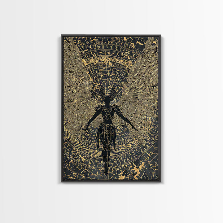 Shieldmaiden Valkyrie Canvas Gold Art Canvas Art, Norse Mythology Wall Art for Men’s Office Decor Dad Gift, framed in natural wood