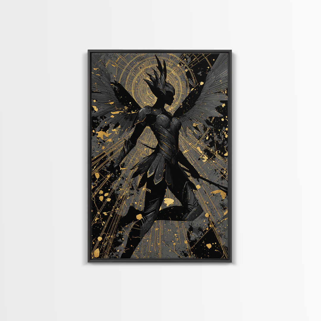 Valkyrie Guardian Canvas Gold Art Canvas Art, Norse Mythology Winged Warrior Wall Decor for Man Cave Dad Gift, real wood frame