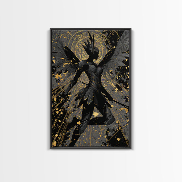 Valkyrie Guardian Canvas Gold Art Canvas Art, Norse Mythology Winged Warrior Wall Decor for Man Cave Dad Gift, real wood frame
