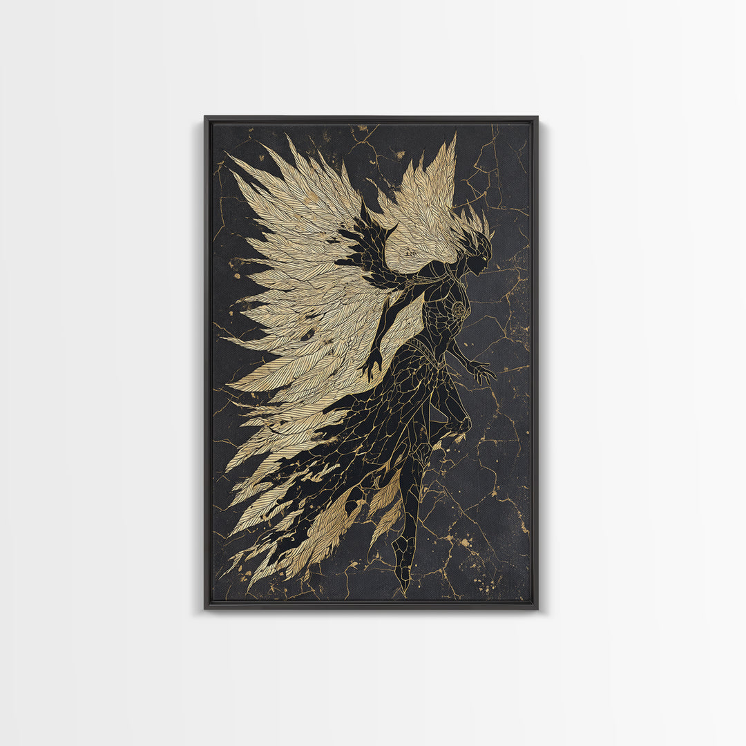 Valkyrie Warrior Canvas Gold Art Canvas Art, Norse Mythology Female Guardian Wall Art for Office Decor Dad Gift, with wood frame