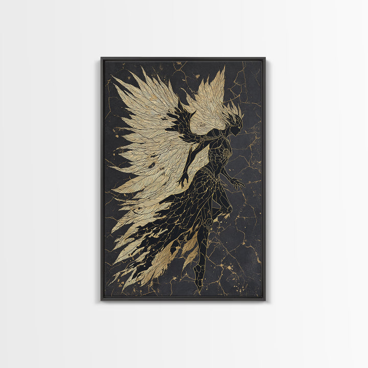 Valkyrie Warrior Canvas Gold Art Canvas Art, Norse Mythology Female Guardian Wall Art for Office Decor Dad Gift, with wood frame