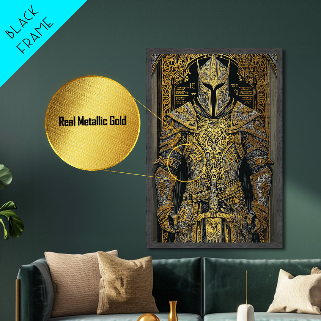 Nordic Knight Armor Metallic Gold Art, Mythology Metal Art Perfect for Man Cave Wall Decor, framed with handcrafted real wood