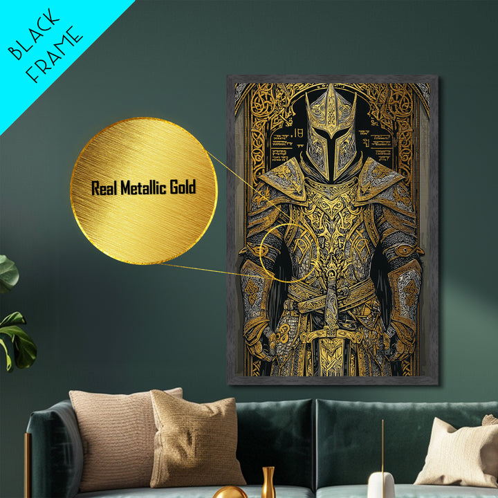 Nordic Knight Armor Metallic Gold Art, Mythology Metal Art Perfect for Man Cave Wall Decor, framed with handcrafted real wood