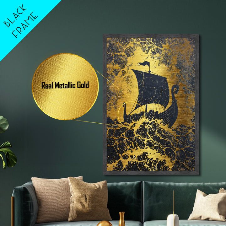 Bull Skull Nordic Totem Metallic Gold Art, Viking Metal Art with Mythology Detail, unique office decor framed in solid wood