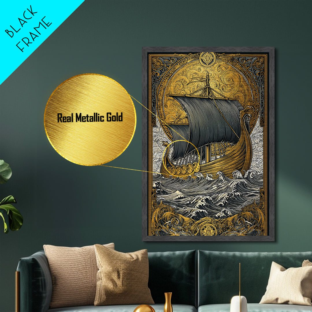 Nordic Warrior Helmet Metallic Gold Art, Viking Style Metal Art Wall Decor, striking man cave gift framed with natural wood detail