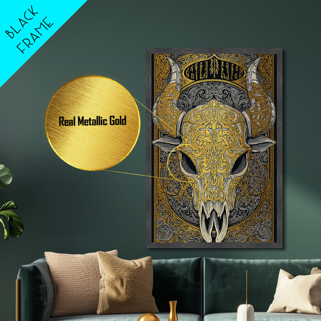 Rune Stone Metallic Gold Art, Ancient Viking Mythology Metal Art Perfect for Office or Dad Gift, framed with handcrafted wood