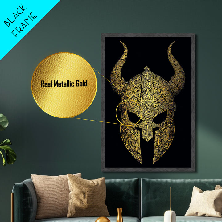 Norse Rune Monolith Metallic Gold Art, Nordic Mythology Metal Art Statement Piece for Office Decor, framed in real wood design