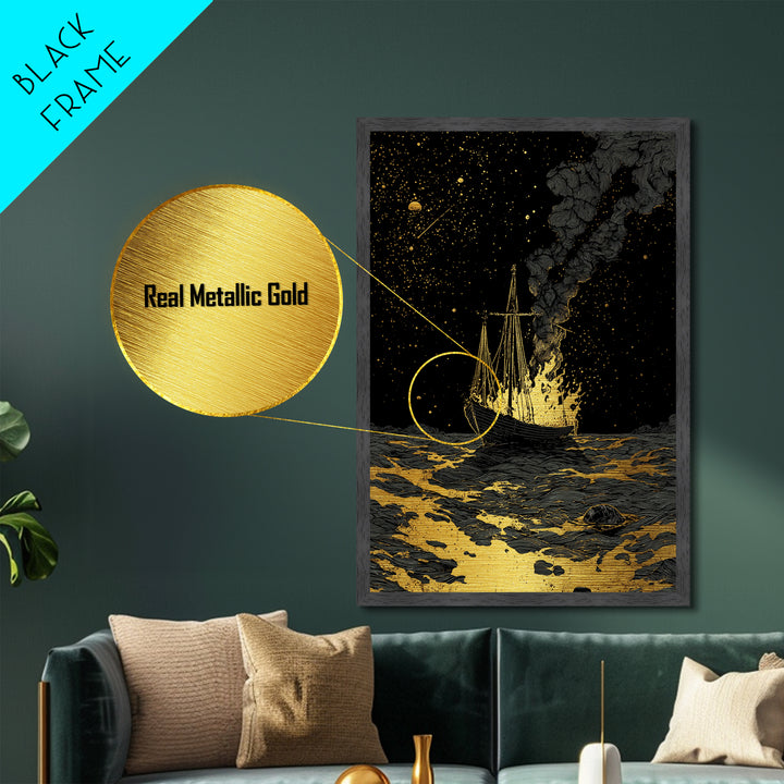 Metallic Gold Art Metal Art Viking Ship with Dragon Sail Nordic Mythology Decor Man Cave Wall Art Dad Gift with Real Wood Frame