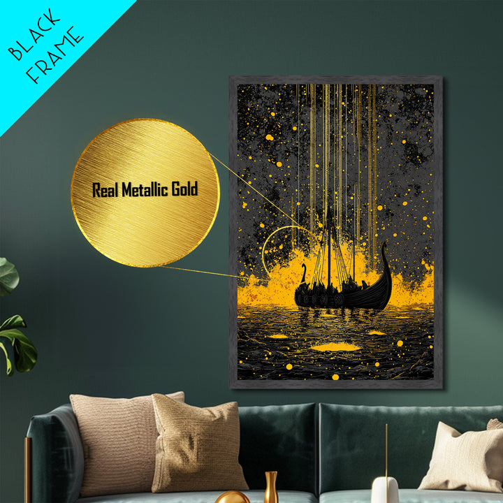 Nordic Longship Ocean Voyage Metallic Gold Art Metal Art Viking Decor for Men’s Office or Den Framed in Solid Wood Handmade