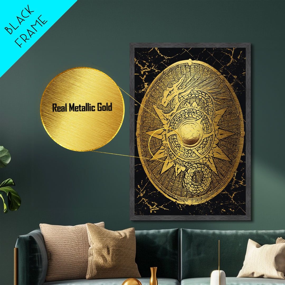 Norse Dragon Shield Metallic Gold Art, Viking Inspired Metal Art for Men’s Office or Dad Gift, crafted with real wood frame