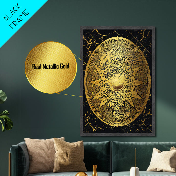 Norse Dragon Shield Metallic Gold Art, Viking Inspired Metal Art for Men’s Office or Dad Gift, crafted with real wood frame
