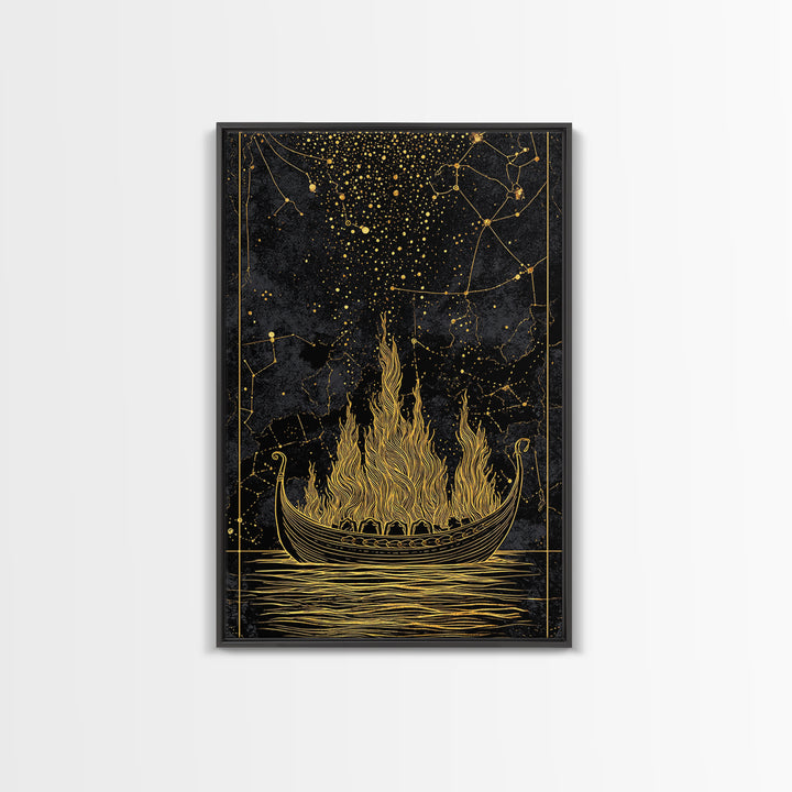 Burning Viking Funeral Ship Canvas Gold Art Canvas Art Norse Mythology Wall Art Nordic Decor Man Cave Piece with Real Wood Frame