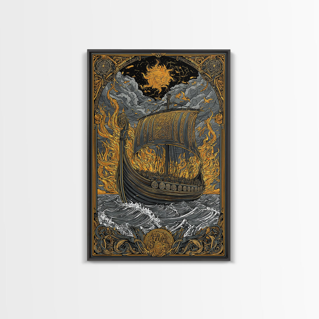Canvas Art Canvas Gold Art Viking Ship in Flames Norse Funeral Pyre Nordic Mythology Decor Office or Man Cave Framed in Real Wood