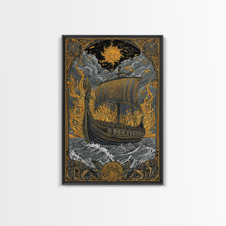 Canvas Art Canvas Gold Art Viking Ship in Flames Norse Funeral Pyre Nordic Mythology Decor Office or Man Cave Framed in Real Wood