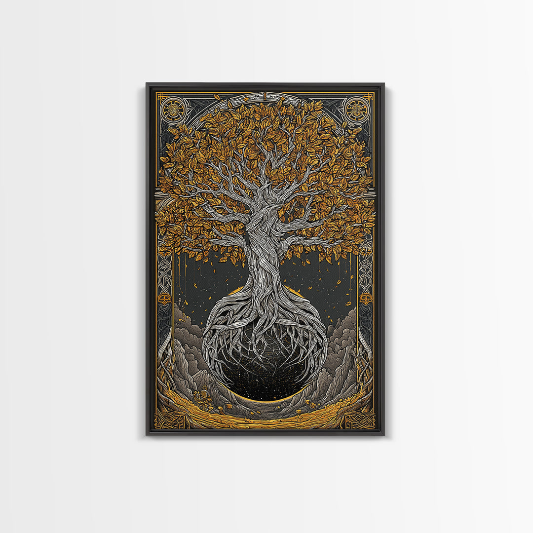 Canvas Gold Art Canvas Art Nordic World Tree Yggdrasil Norse Mythology Decor Viking Wall Art Man Cave Office Art with Real Wood Frame