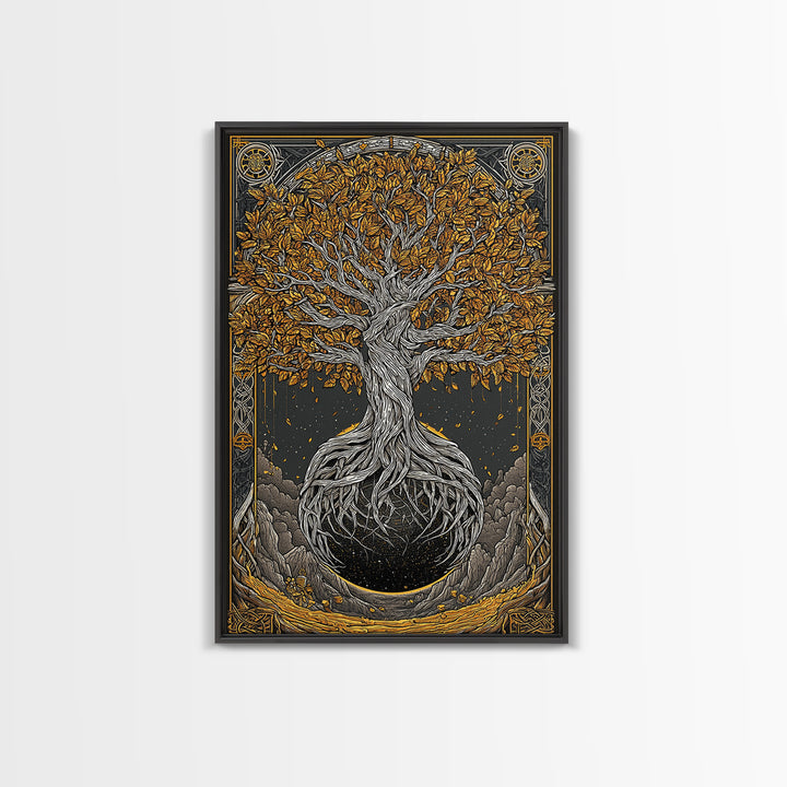 Canvas Gold Art Canvas Art Nordic World Tree Yggdrasil Norse Mythology Decor Viking Wall Art Man Cave Office Art with Real Wood Frame