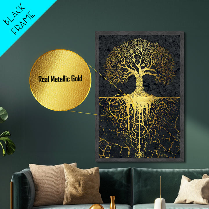 Norse Mythology Yggdrasil Tree Metallic Gold Art Metal Art Viking Decor Wall Art Nordic Symbolism Dad Gift Framed in Solid Wood