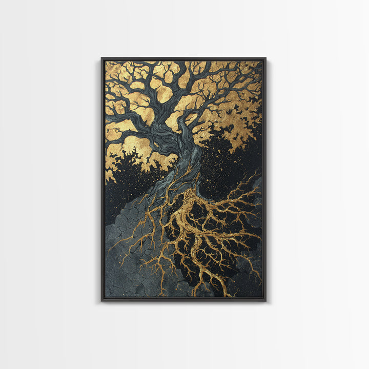 Canvas Gold Art Canvas Art Yggdrasil Tree of Life Norse Mythology Decor Viking Wall Art Nordic Office or Man Cave in Wood Frame