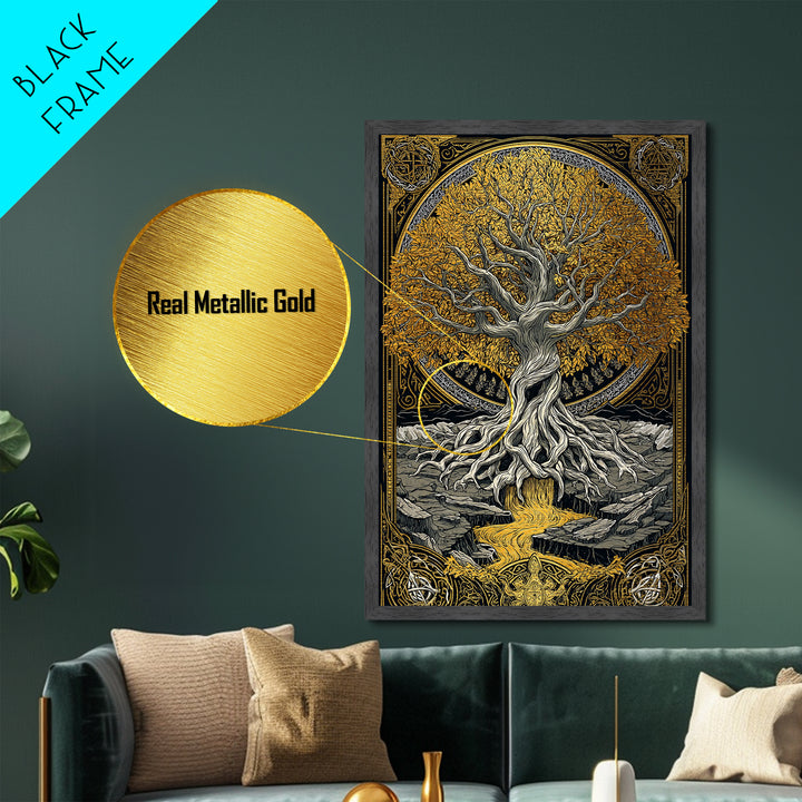 Nordic Yggdrasil Wall Decor Metallic Gold Art Metal Art Norse Mythology Tree of Life Viking Style Office Art Framed in Real Wood
