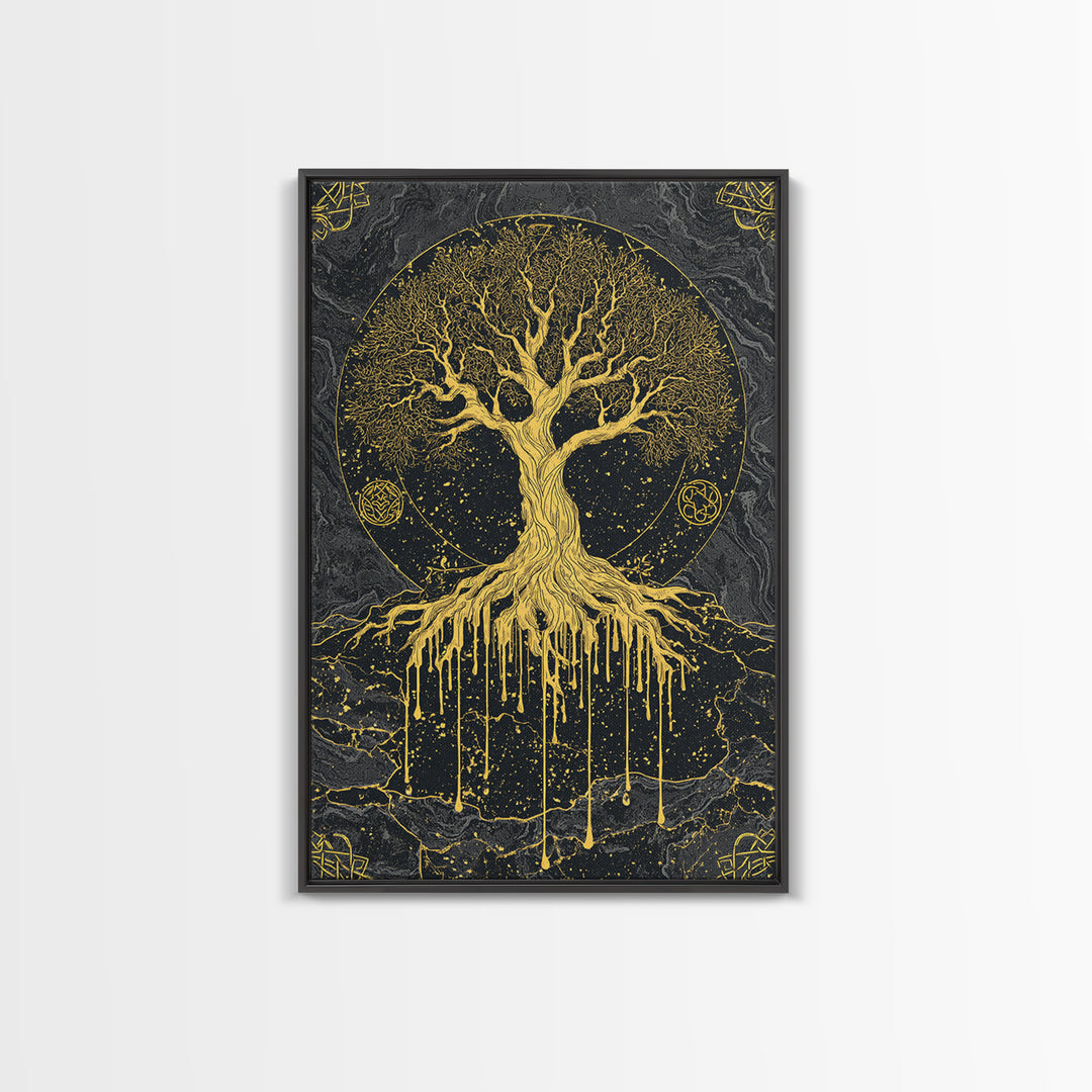 Yggdrasil Canvas Gold Art Canvas Art | Norse World Tree Design Framed in Natural Wood | Nordic Mythology Office & Man Cave Decor