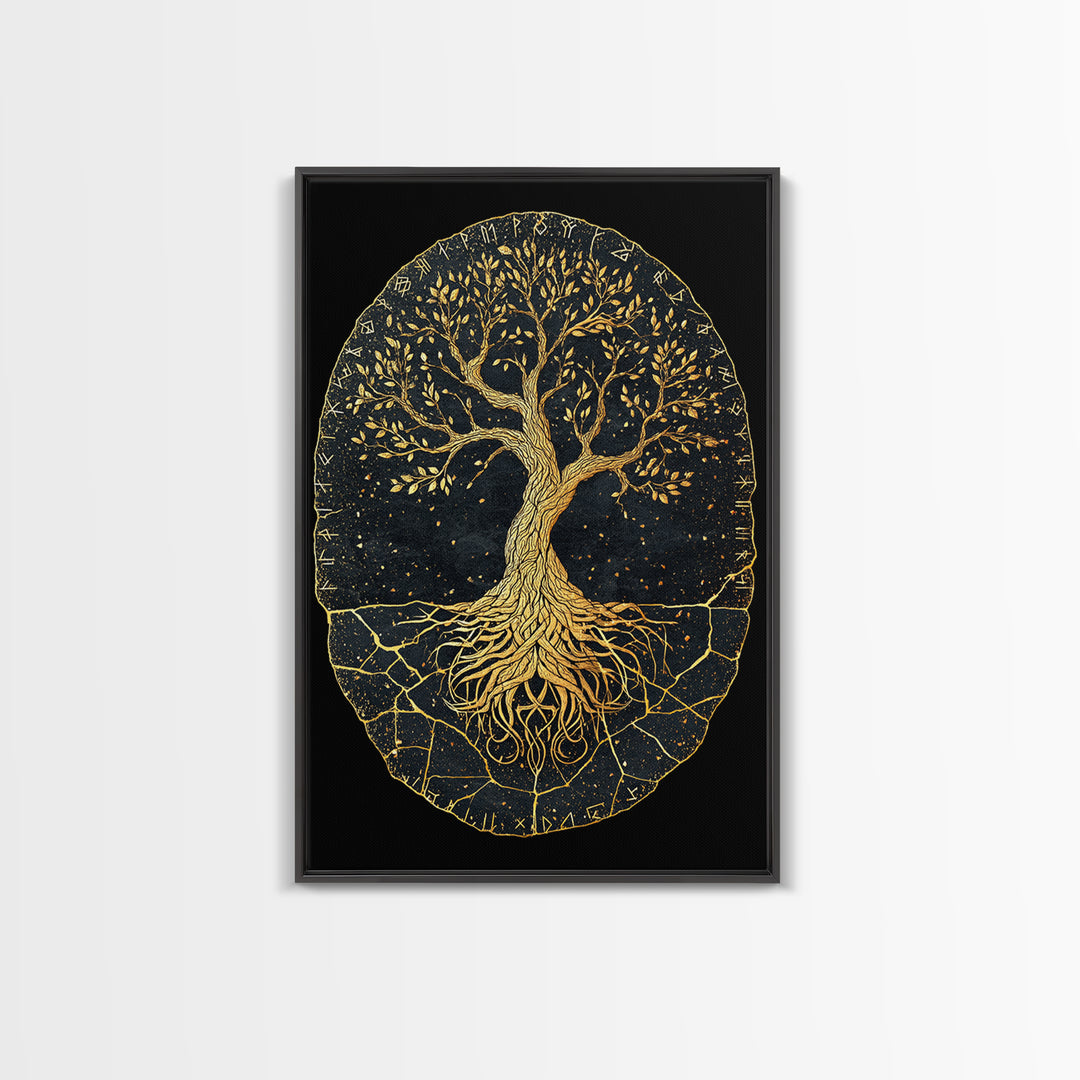 Yggdrasil Norse World Tree Canvas Gold Art Canvas Art Viking Mythology Wall Art Nordic Decor Dad Gift Framed with Natural Wood