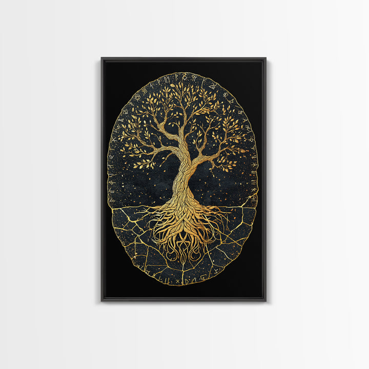Yggdrasil Norse World Tree Canvas Gold Art Canvas Art Viking Mythology Wall Art Nordic Decor Dad Gift Framed with Natural Wood