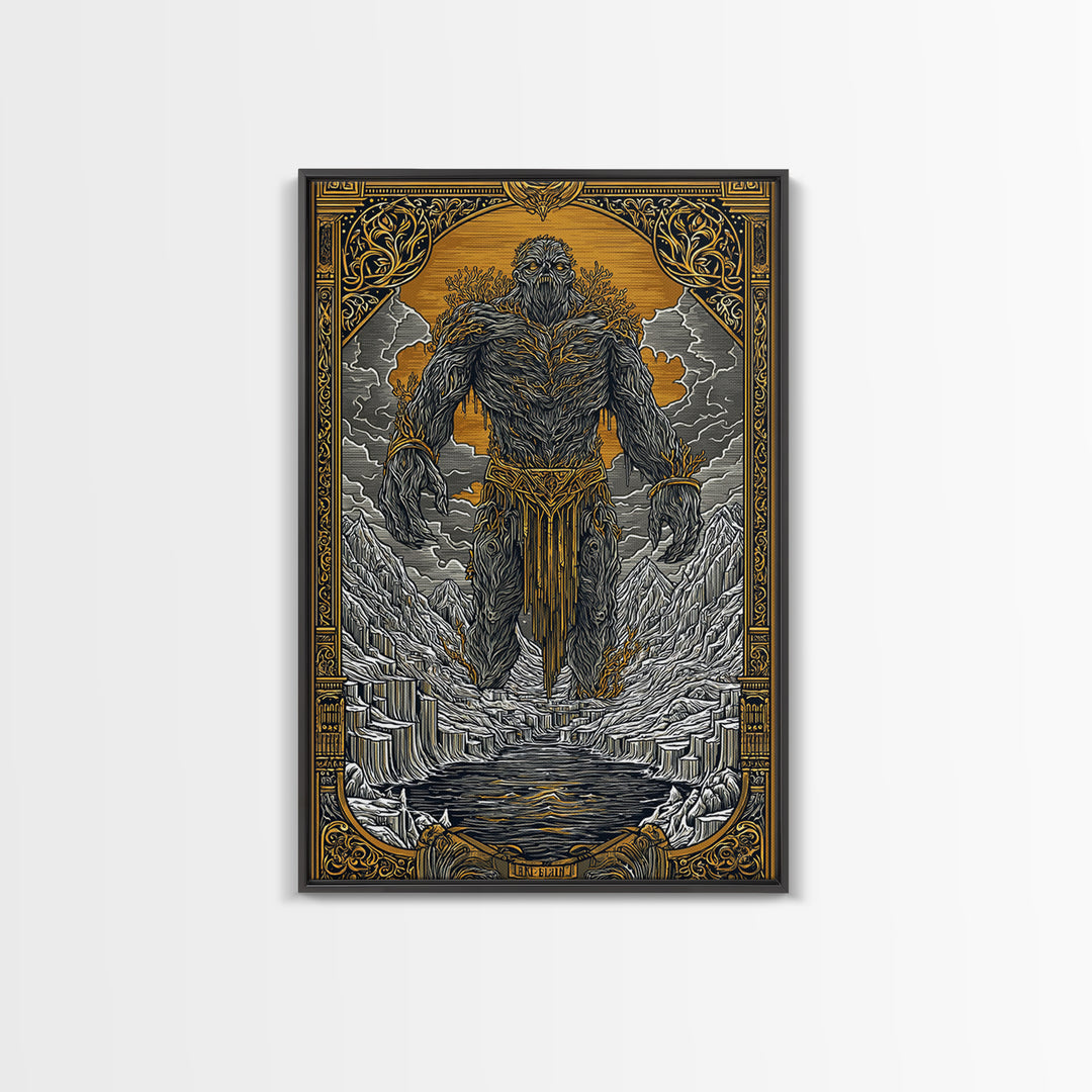 Canvas Gold Art Canvas Art of Ymir | Norse Mythology Wall Art with Natural Wood Frame | Viking Decor for Office, Study, or Man Cave