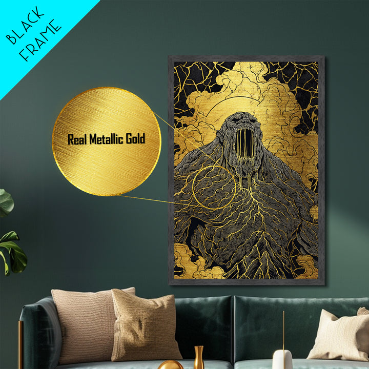 Nordic Ymir Mythology Metallic Gold Art Metal Art | Giant Norse Wall Decor in Real Wood Frame | Man Cave, Office & Dad Gift Art