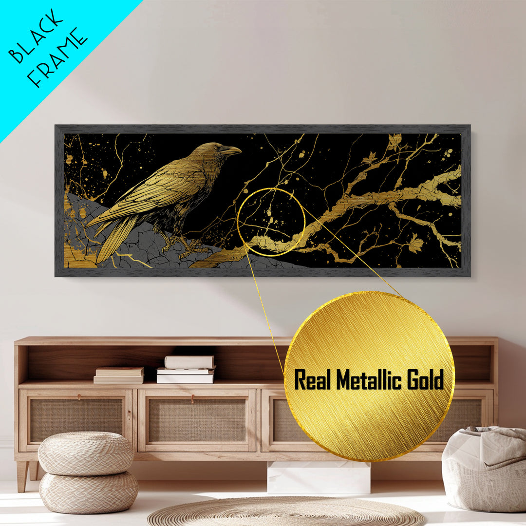 Odin’s Raven Metallic Gold Art Norse Mythology Metal Art Viking Wall Decor with natural wood frame, Man Cave or Office Gift