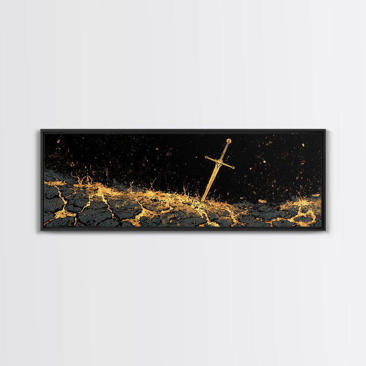 Viking Sword in Earth Canvas Gold Art Norse Mythology Canvas Art for Man Cave Decor with real wood frame, Office Warrior Gift