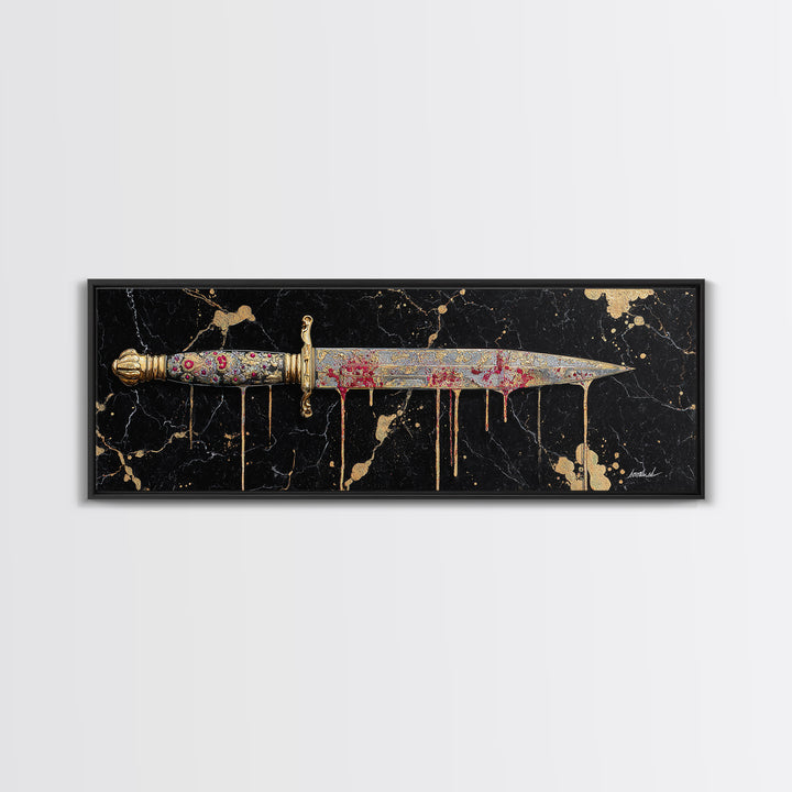 Decorative Dagger Canvas Gold Art Nordic Mythology Canvas Art Norse Weapon Decor framed in real wood, Viking Office Wall Art
