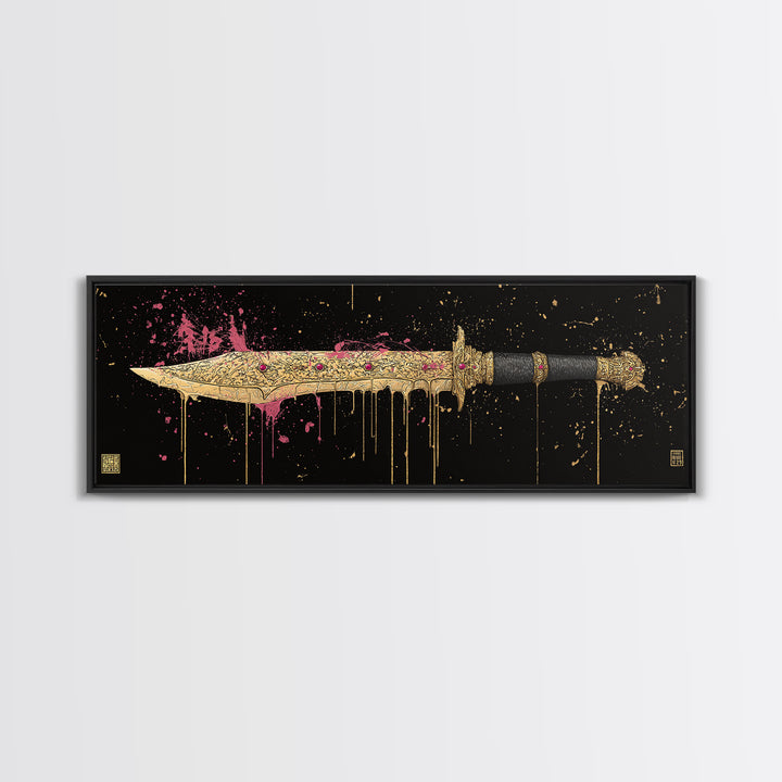 Runed Blade Canvas Gold Art Norse Mythology Canvas Art Nordic Weapon Decor with natural wood frame, Man Cave or Dad Gift