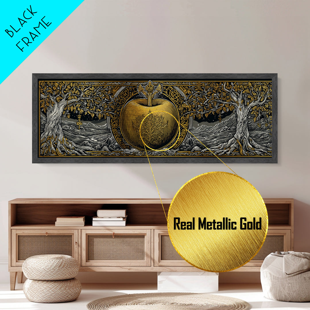 Norse Garden of Idunn Metallic Gold Art Viking Mythology Metal Art Nordic Apple Decor with real wood frame, Man Cave Wall Art