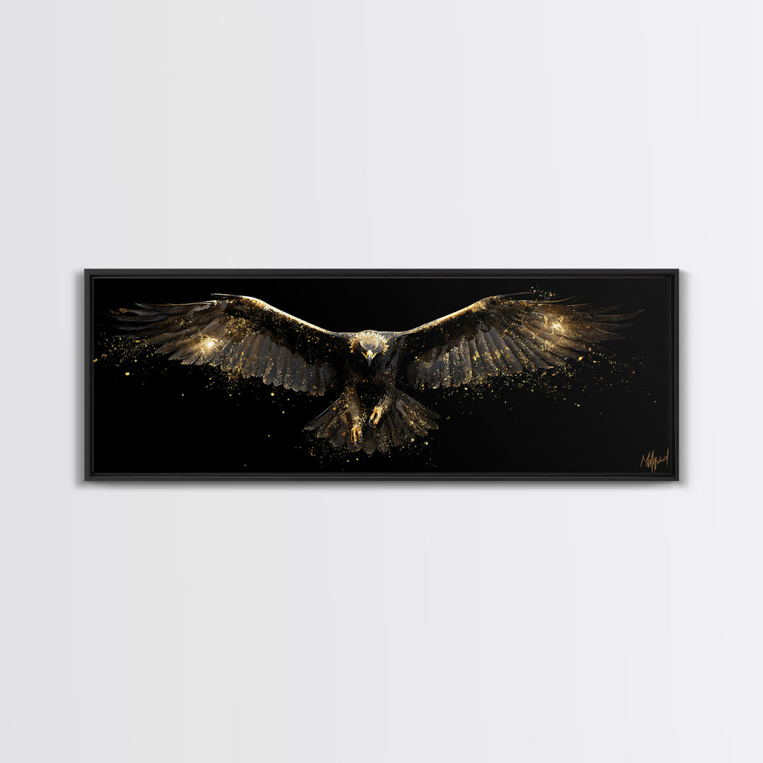 Golden Eagle Canvas Gold Art Norse Mythology Canvas Art Odin’s Bird Decor with real wood frame, Nordic Viking Man Cave Gift