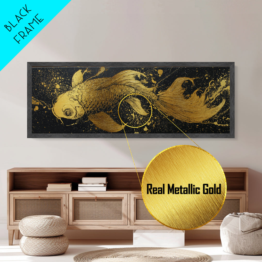 Koi Fish Metallic Gold Art Japanese Nordic Fusion Wall Art Metal Art with real wood frame, great Viking Dad Gift or Office