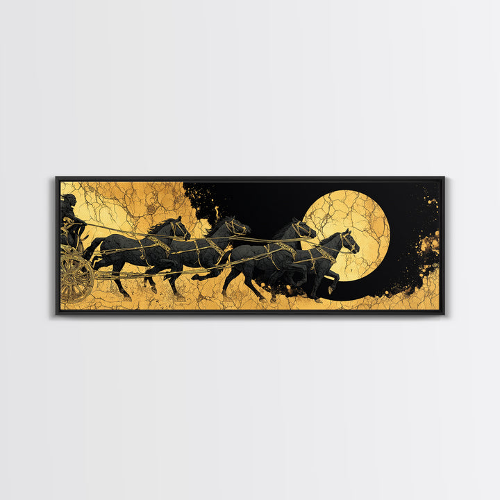 Sol’s Chariot Horses Canvas Gold Art Norse Mythology Canvas Art Wall Decor with wood frame, Viking Office or Man Cave