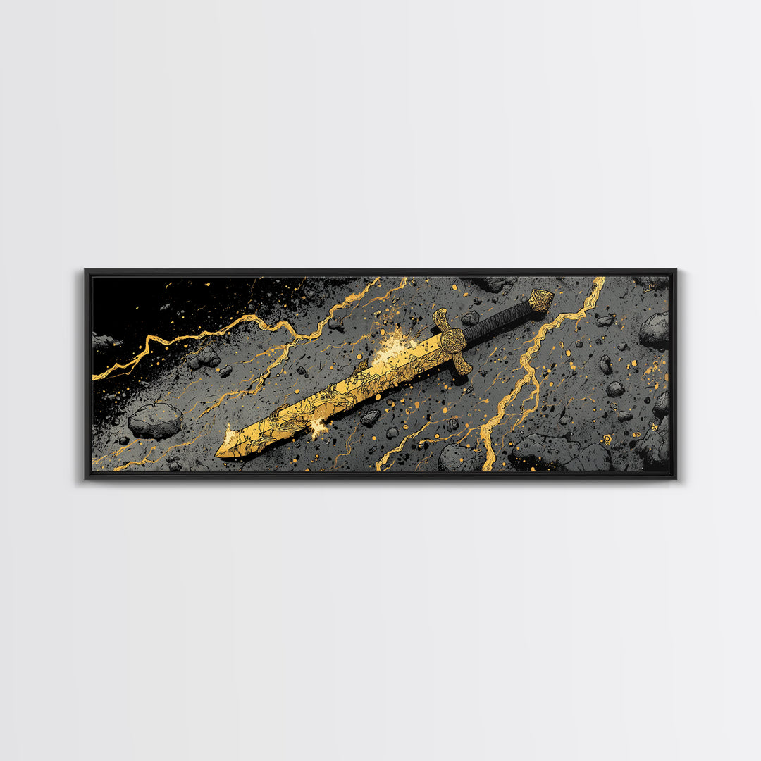 Ancient Norse Blade Canvas Gold Art Canvas Art Viking Decor with natural wood framing, Office Wall Art or Man Cave Gift