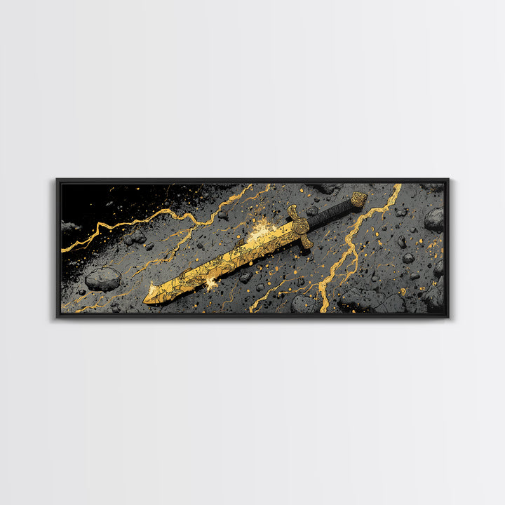 Ancient Norse Blade Canvas Gold Art Canvas Art Viking Decor with natural wood framing, Office Wall Art or Man Cave Gift