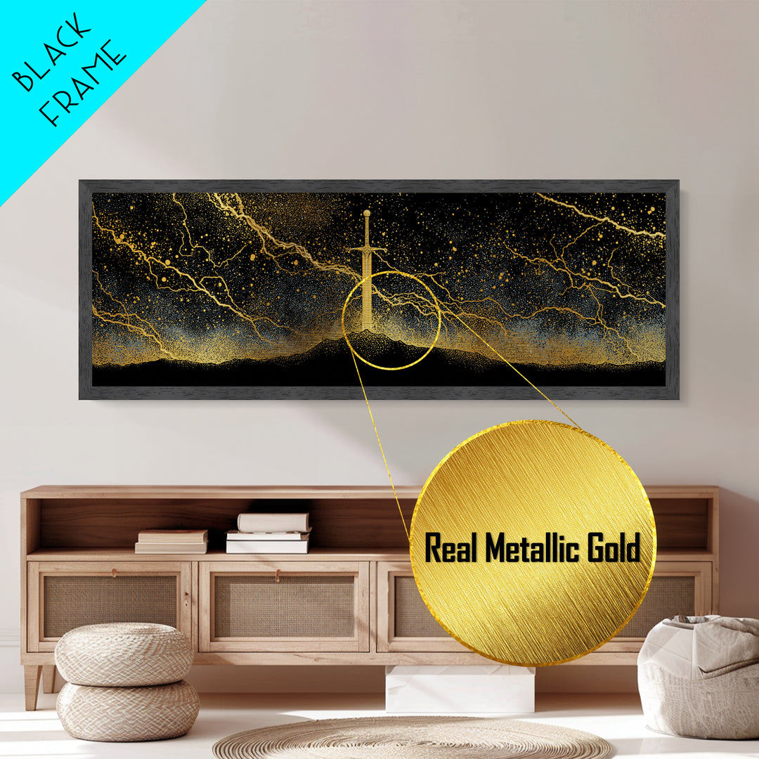 Mythic Sword of the Gods Metallic Gold Art Nordic Wall Decor Metal Art framed in real wood, perfect Man Cave or Dad Gift