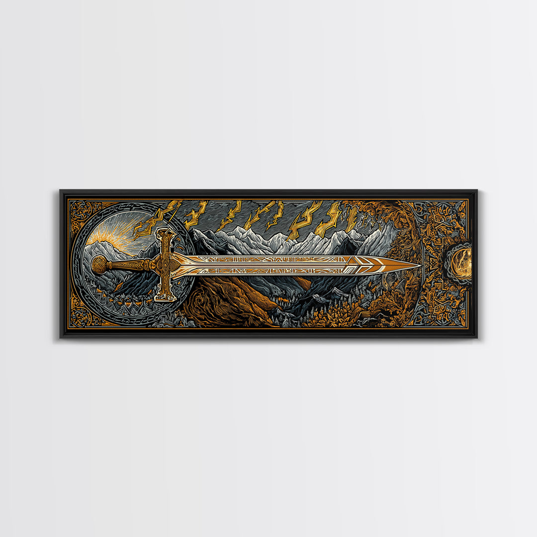 Norse Ornate Sword Canvas Gold Art Canvas Art Viking Mythology Wall Decor with real wood frame, Office Art for Men