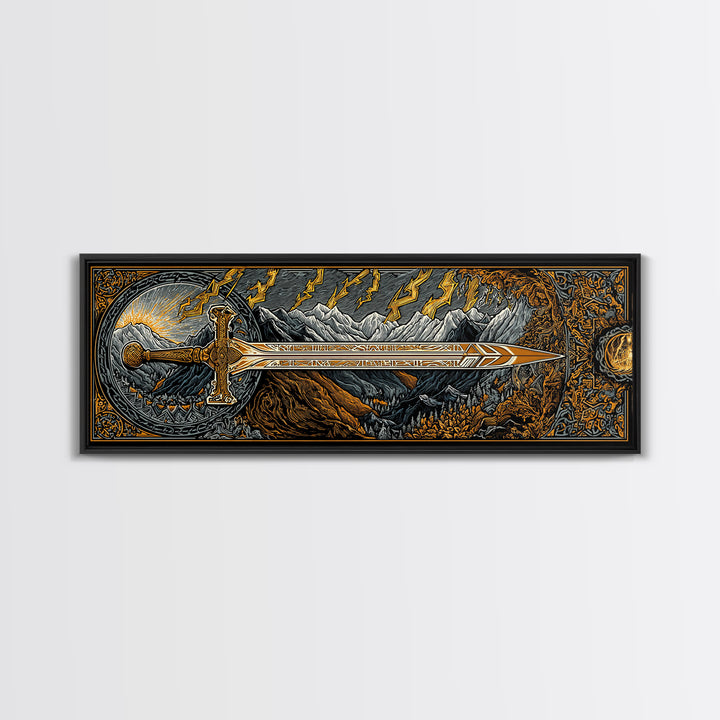 Norse Ornate Sword Canvas Gold Art Canvas Art Viking Mythology Wall Decor with real wood frame, Office Art for Men