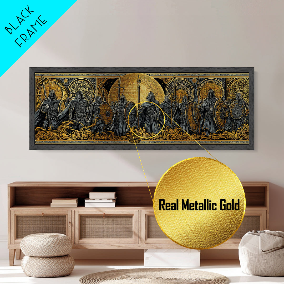 Einherjar Warriors Metallic Gold Art Norse Mythology Metal Art with wood framing, Viking Man Cave Wall Art for Dad Gift