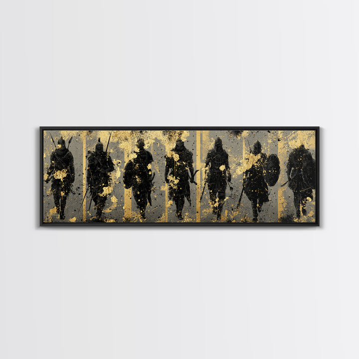 Viking Warriors Canvas Gold Art Norse Canvas Art Wall Decor framed in natural wood, perfect Office Art or Man Cave Decor