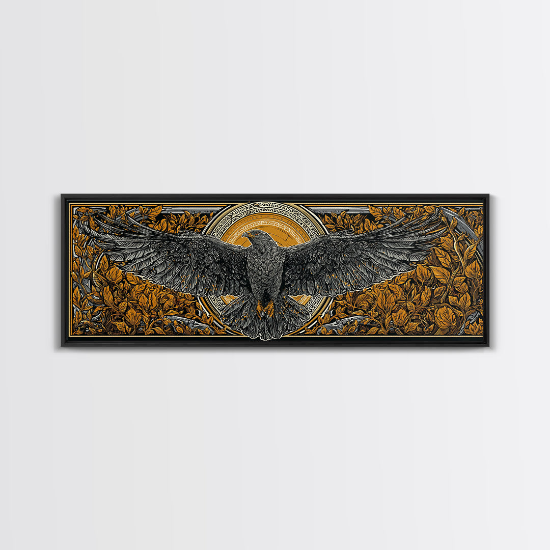 Odin’s Eagle Canvas Gold Art, Norse Mythology Canvas Art framed in real wood, Nordic Office Wall Decor, Viking Man Cave Gift
