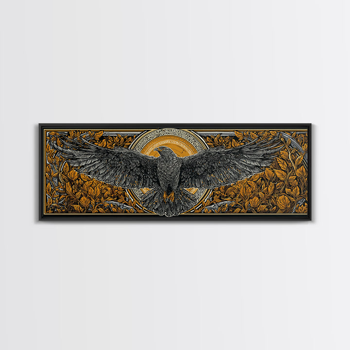 Odin’s Eagle Canvas Gold Art, Norse Mythology Canvas Art framed in real wood, Nordic Office Wall Decor, Viking Man Cave Gift