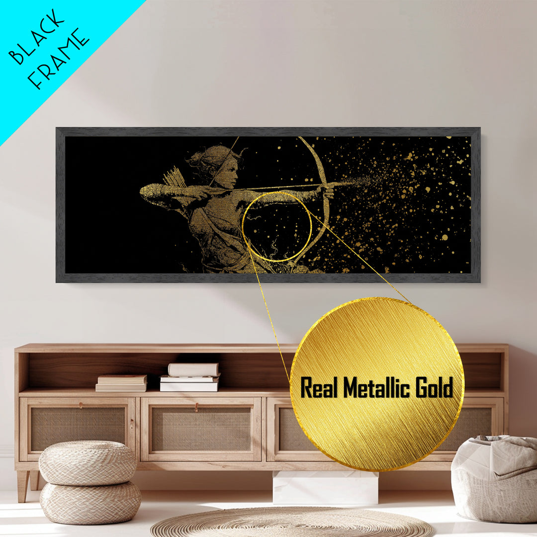 Archer Goddess Metallic Gold Art Norse Mythology Female Warrior Metal Art with real wood frame, Office Art or Dad Gift