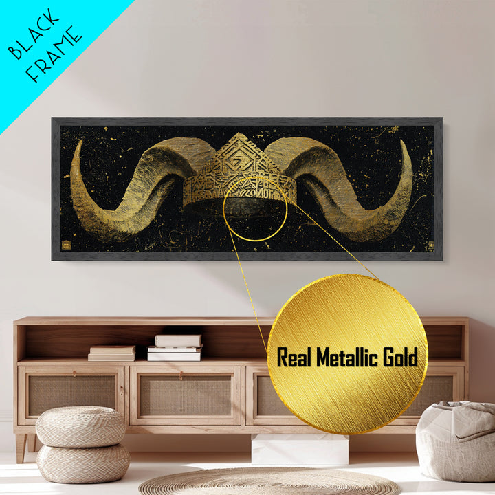 Nordic Horned Crown Metallic Gold Art, Viking Inspired Metal Art Wall Hanging, Office Decor or Dad Gift in real wood frame