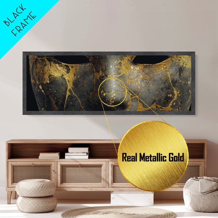 Kintsugi Mask Metallic Gold Art, Norse Mythology Metal Art Wall Decor, Unique Nordic Office Accent framed in real wood