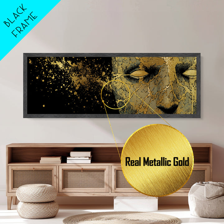 Metal Art Metallic Gold Broken Face Nordic Mask, Norse Mythology Office or Man Cave Art, Viking Decor with natural wood frame