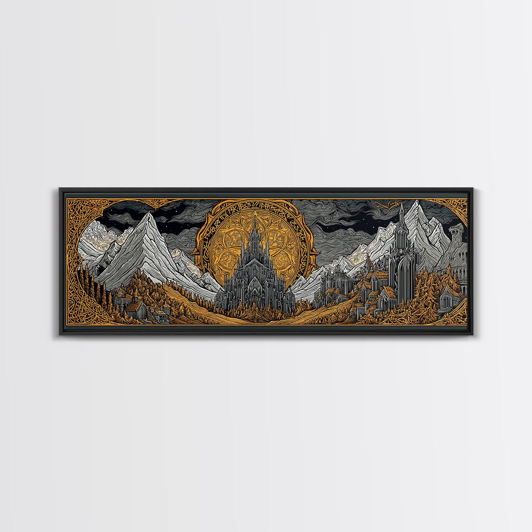 Asgard City Canvas Gold Art, Norse Mythology Canvas Art Wall Hanging, Nordic Office or Man Cave Decor framed in natural wood